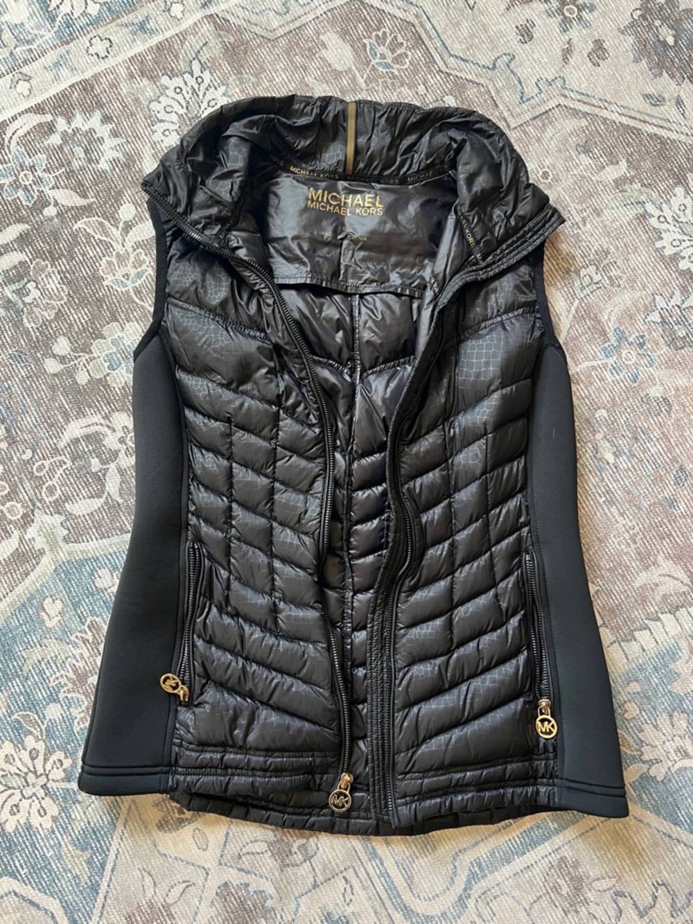 MICHAEL Michael Kors Black Quilted Hooded Vest with Gold Accents